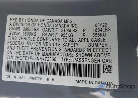 2022 Honda Civic Si Sedan from USA, damaged, VIN 2HGFE1E57NH472366